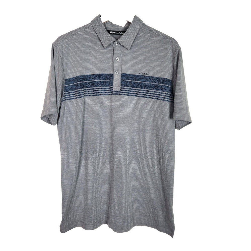 TRAVISMATHEW River Town Golf Polo Shirt Mens Large Gray Blue Stripe Palm Golf